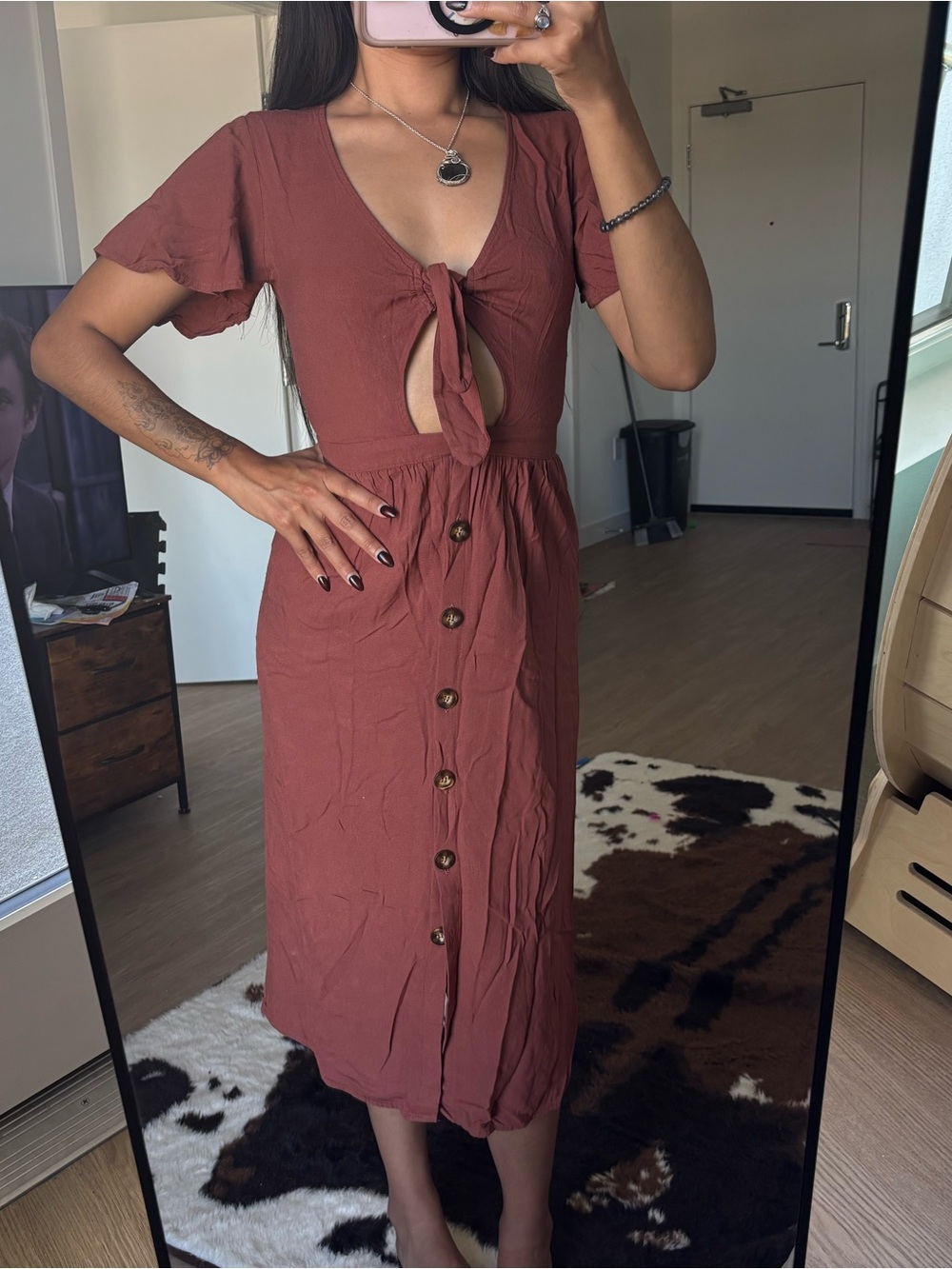 Tie-Front Mauve Brown Midi Dress